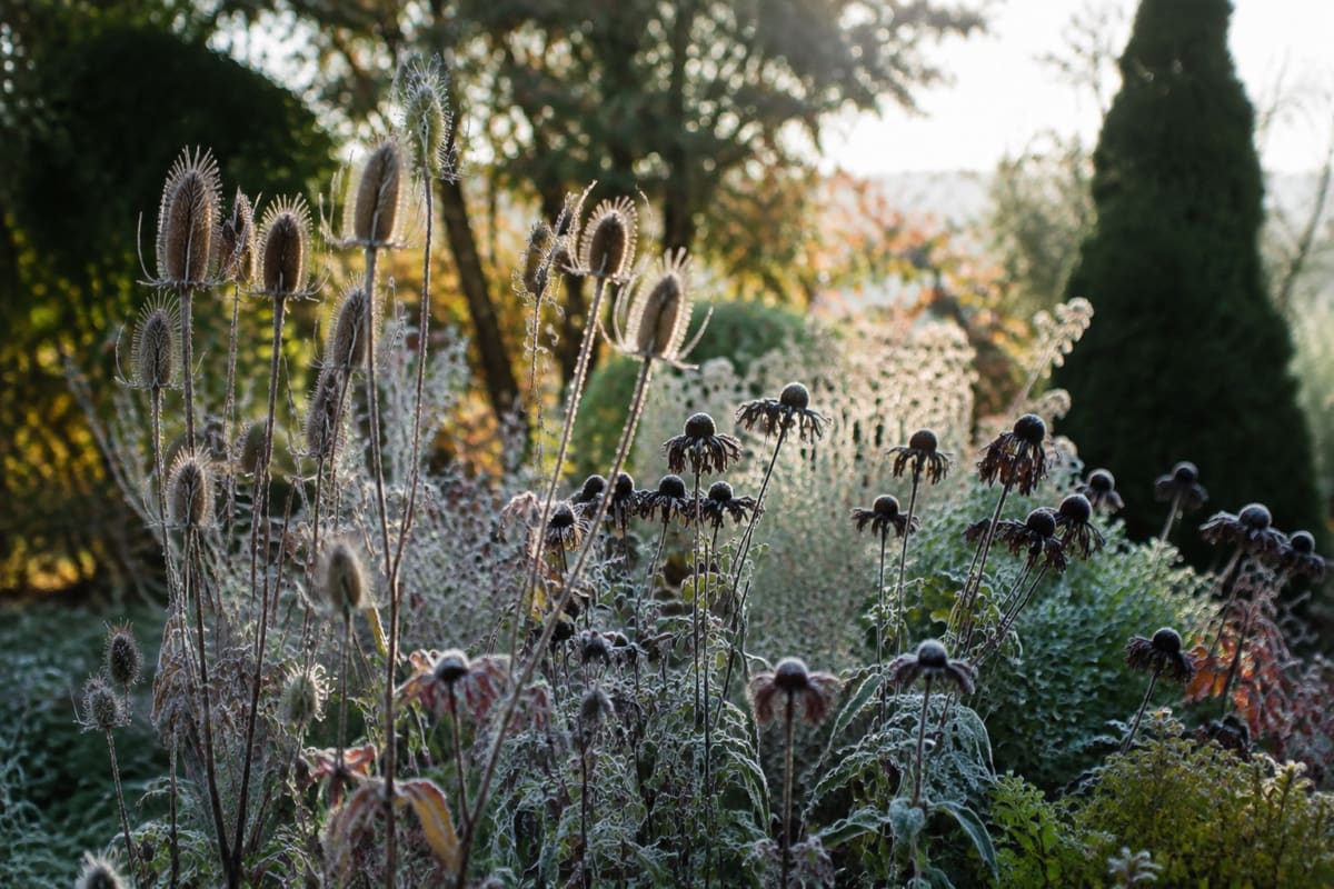 Raureif liegt auf stehen gelassenen Samenständen am lebendigen Gartenrand.