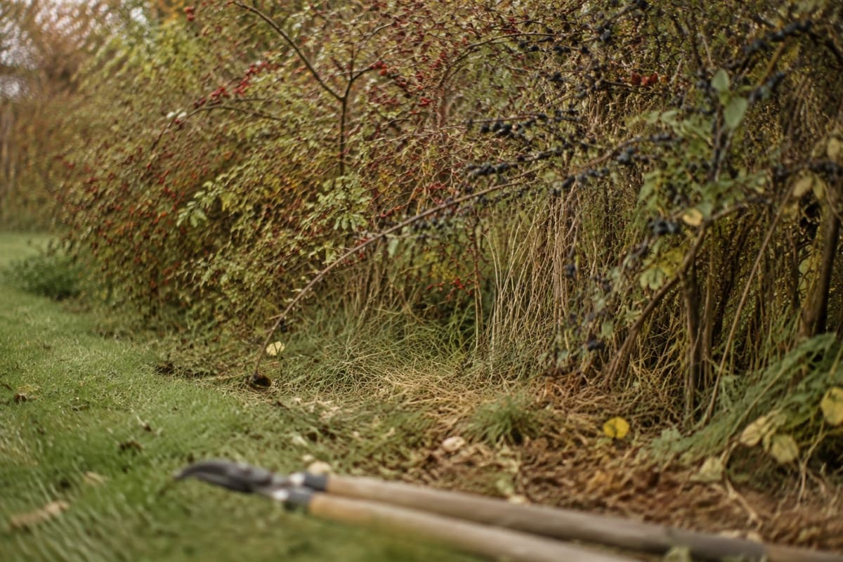 Wildhecke mit Hagebutten und Schlehen; eine Heckenschere liegt unscharf im Vordergrund.