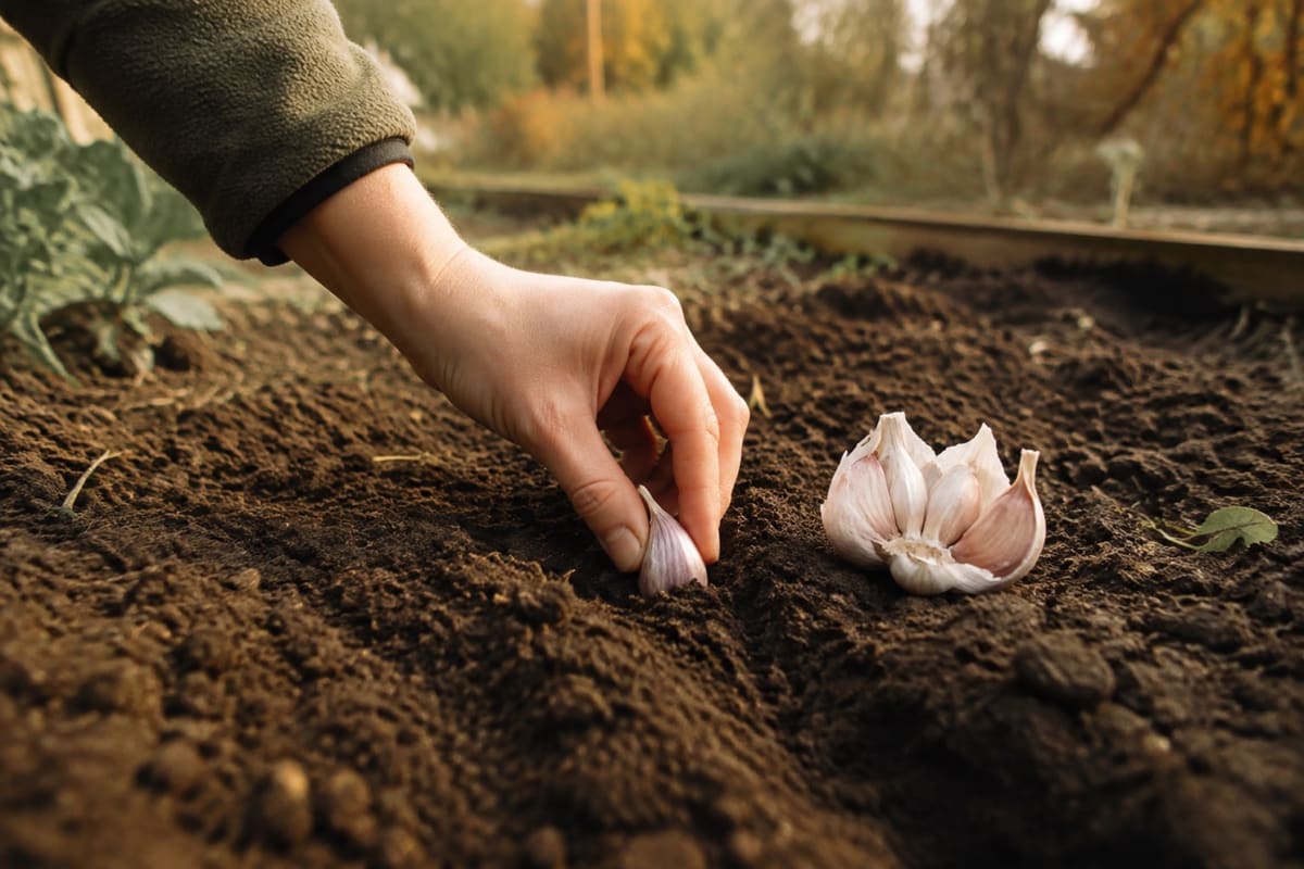 Eine Hand steckt eine Knoblauchzehe mit der Spitze nach oben in ein frisch geharktes Herbstbeet.