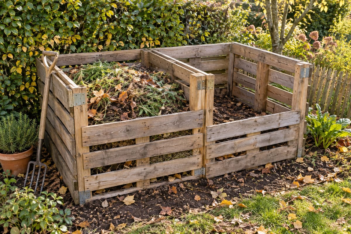 Ein Zwei-Kammer-Komposter aus Paletten steht am Heckenrand, die vordere Kammer ist mit Gartenabfällen gefüllt, eine Grabegabel lehnt daran.
