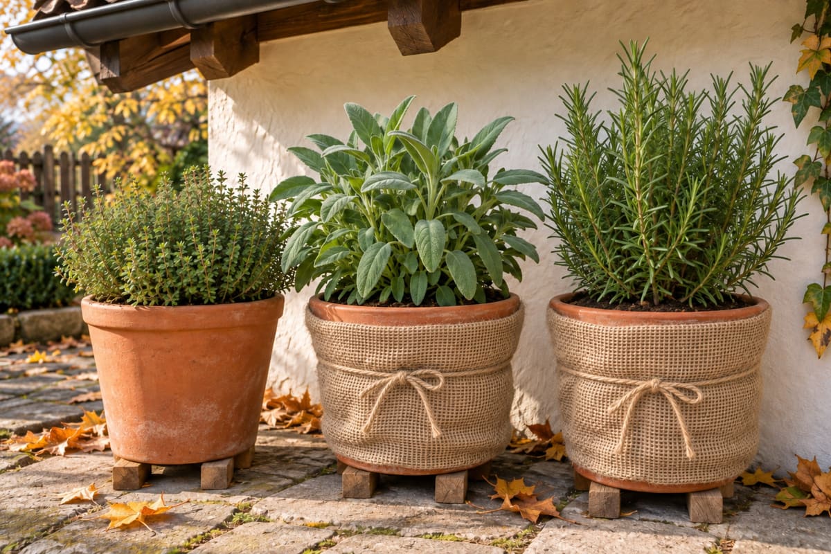 Thymian, Salbei und Rosmarin in Tontöpfen auf Holzfüßen unter einem Dachvorsprung; zwei Töpfe sind mit Jute umwickelt.