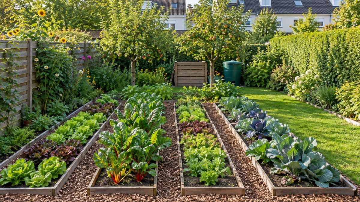 Schmaler Reihenhausgarten mit vier Gemüsebeeten voller Salat, Mangold und Kohl, Rindenmulchwegen dazwischen, hinten zwei Obstbäume, ein Holzkomposter und eine Regentonne, rechts ein Rasenstreifen.