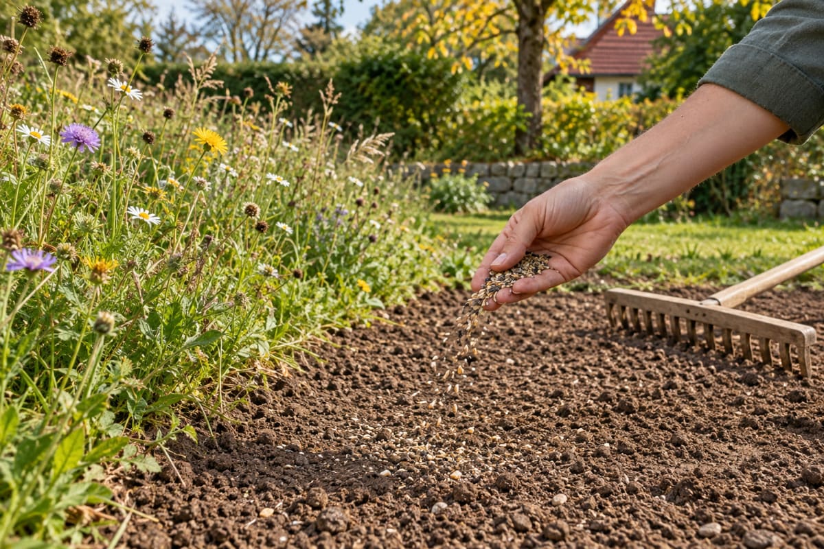 Eine Hand streut Wildblumensaat über ein feinkrümelig vorbereitetes Saatbeet, daneben liegt ein Rechen, dahinter blüht bereits eine Wiese.