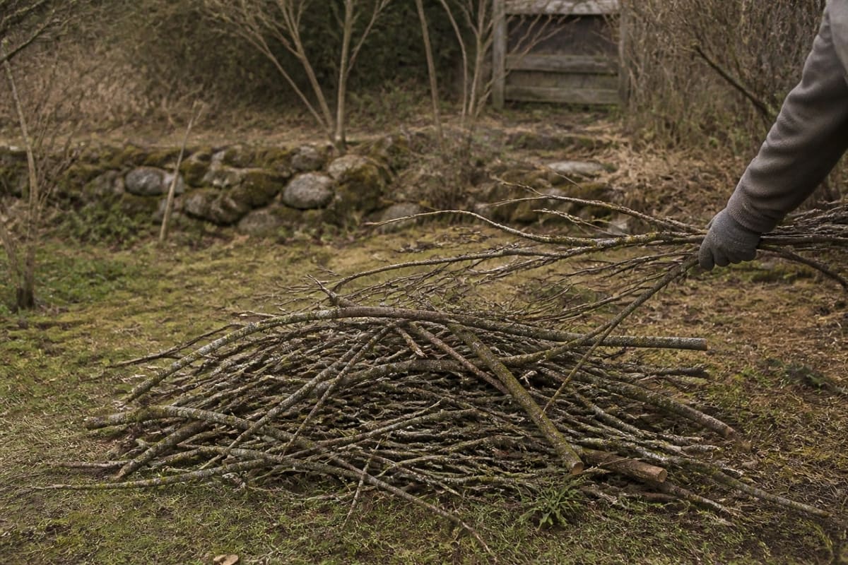 Haufen aus Astschnitt liegt auf einer Wiese für den Bau einer Benjeshecke bereit.