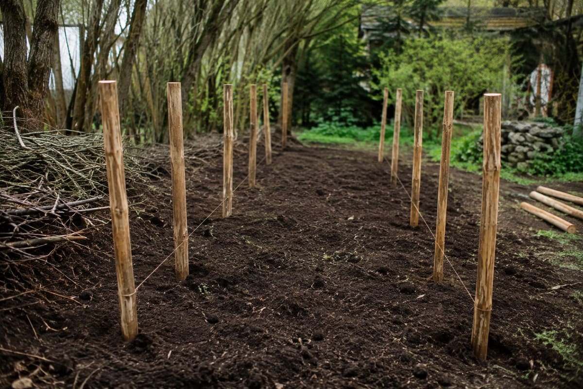 Holzpfähle stehen in zwei Reihen mit sichtbarem Abstand für eine Benjeshecke.