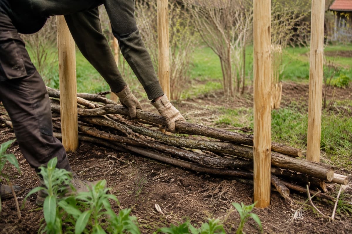 Dicke Äste werden als untere Schicht zwischen Holzpfähle gelegt.