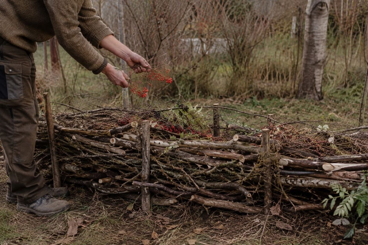 Hagebutten und Beeren werden in die locker geschichtete Hecke gestreut.