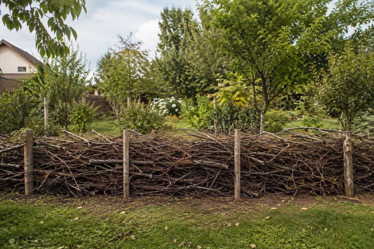 Fertige Totholzhecke steht einige Meter lang vor einem Garten.