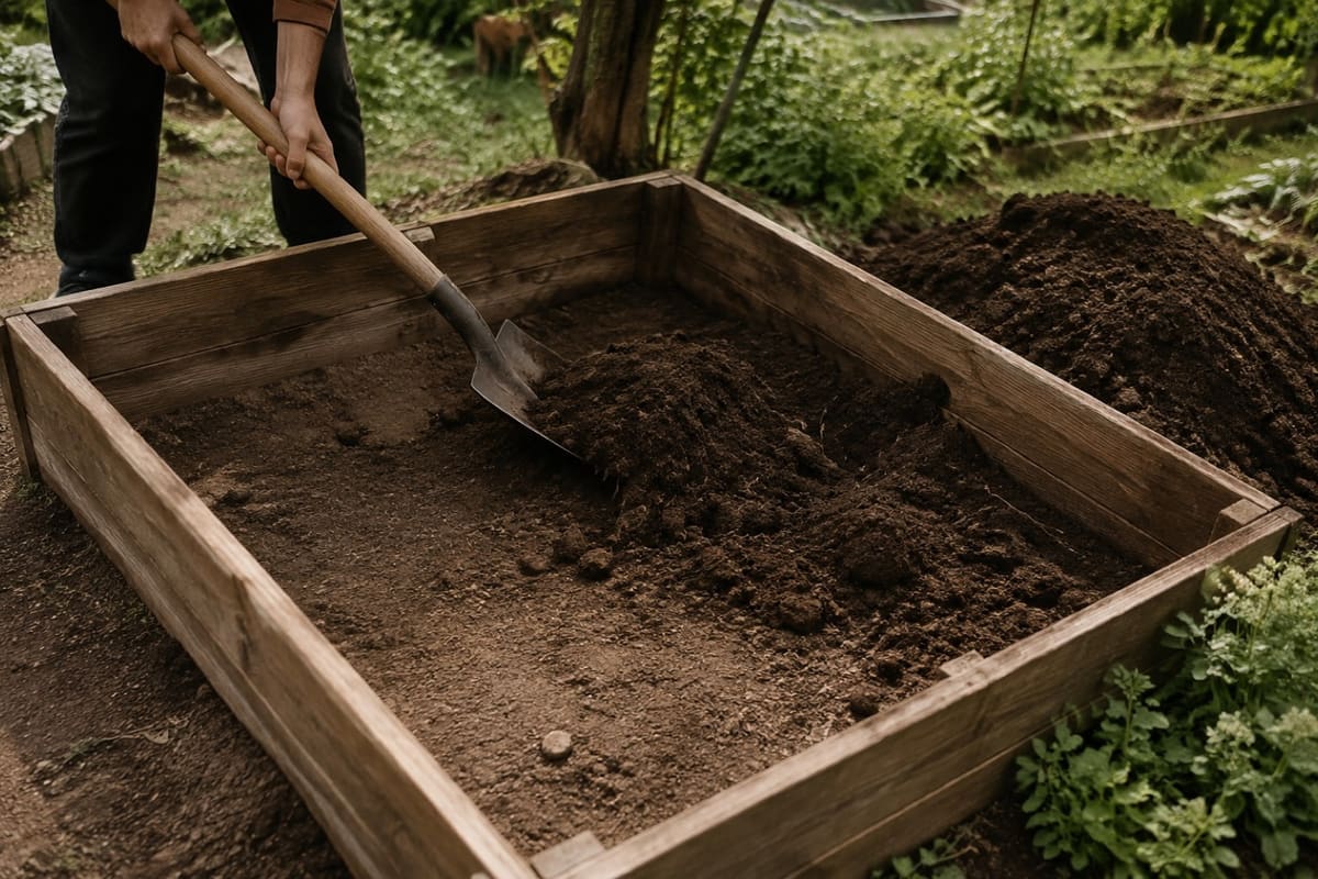 Alte Erde wird aus einem leeren Hochbeet zur Seite geschaufelt.