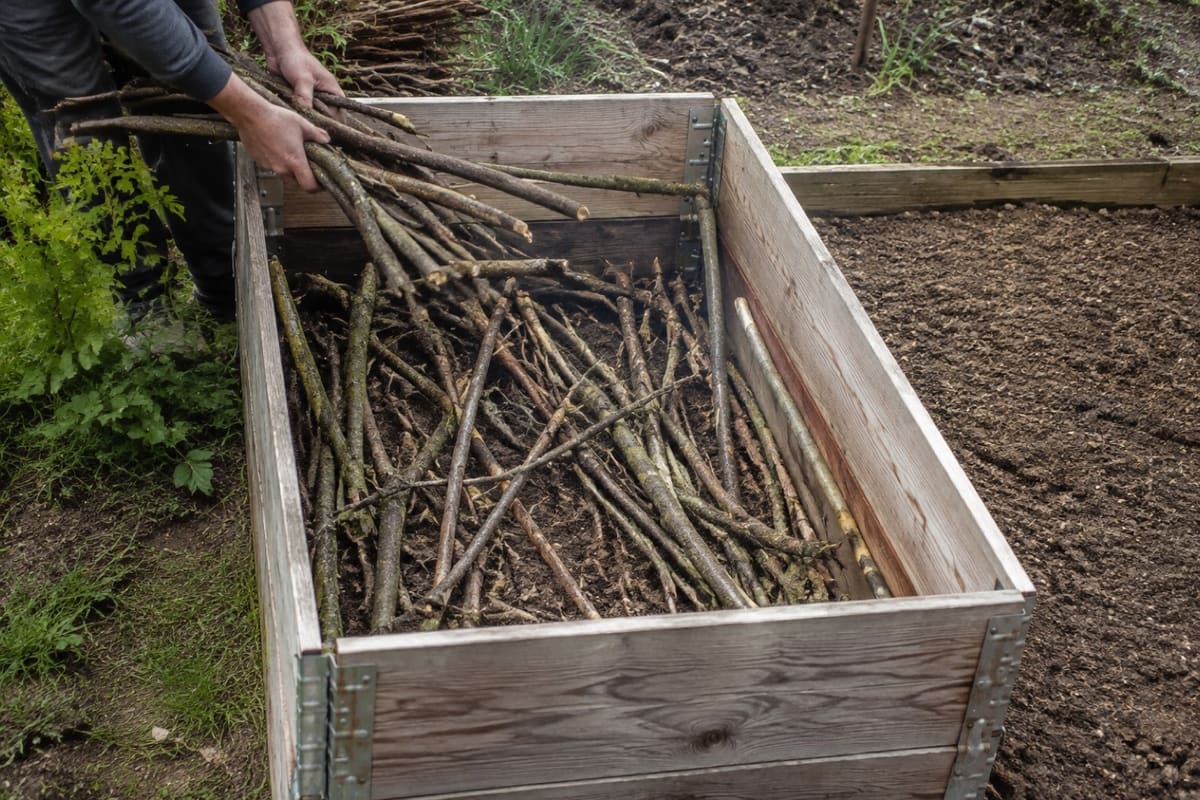 Grober Astschnitt bildet die unterste Schicht eines Hochbeets.