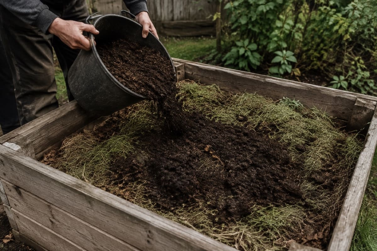 Grasschnitt und halbreifer Kompost werden im Hochbeet verteilt.