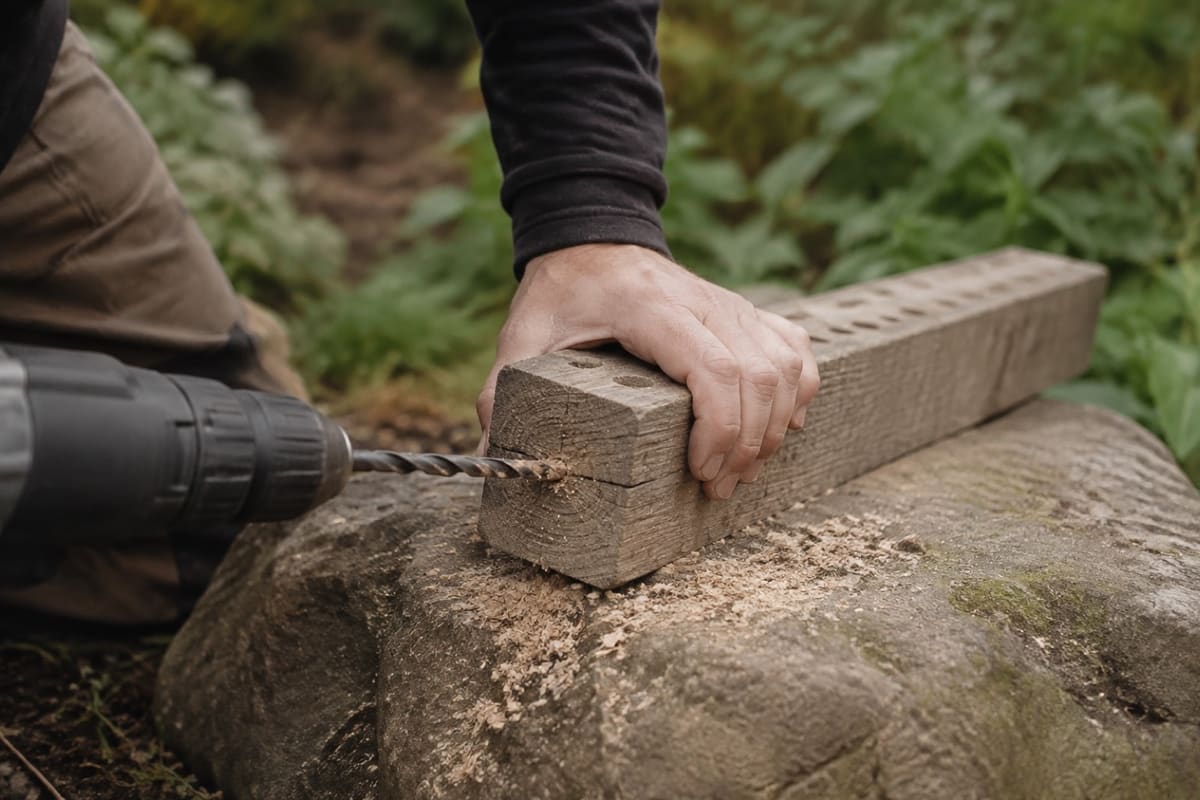 Bohrer dringt seitlich ins Längsholz ein, während Holzspäne fallen.