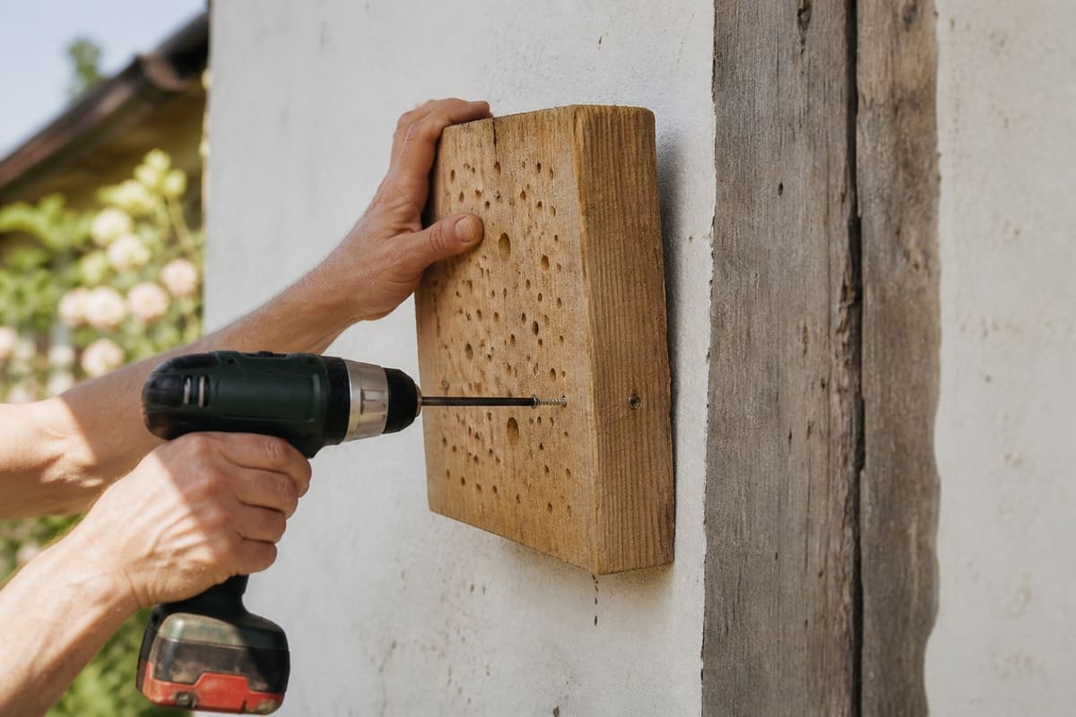 Holzblock wird mit Werkzeug an einer sonnigen Südwand montiert.