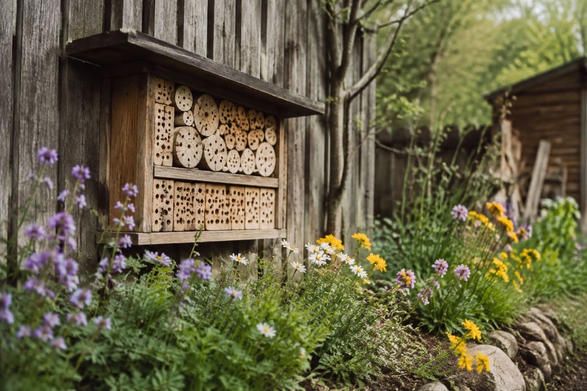 Fertige Wildbienen-Nisthilfe hängt über einem blühenden Beet.