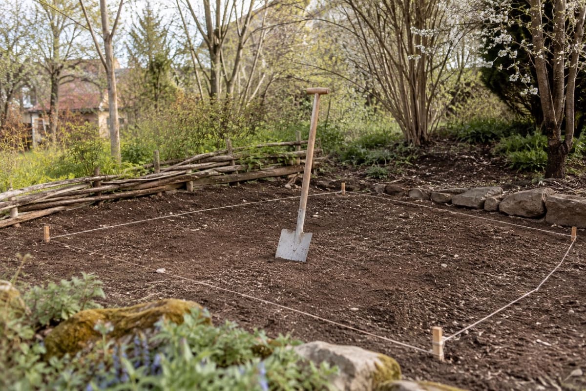 Sonniger leicht abschüssiger Gartenplatz ist mit einem Spaten für ein Sandarium markiert.