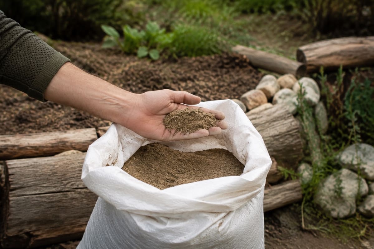 Geöffneter Sack ungewaschener Sand und Sandkörner in einer Hand.
