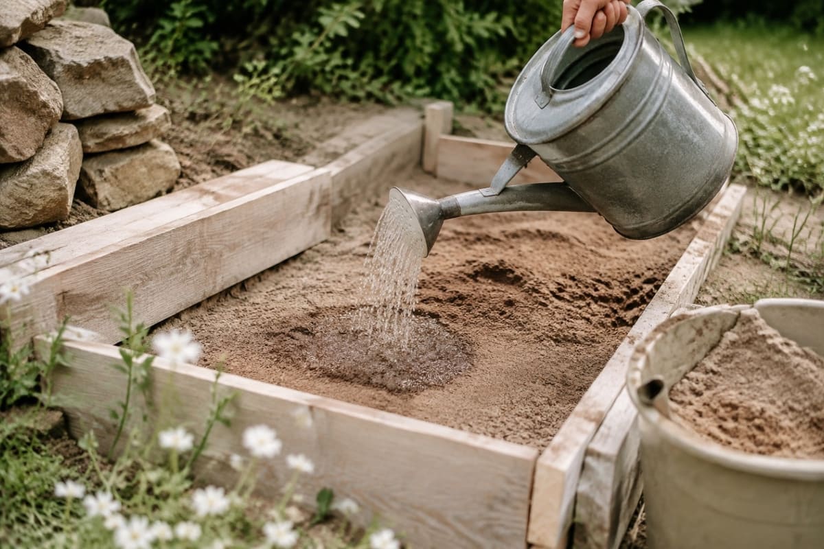 Sand wird lagenweise in eine Grube gefüllt und leicht mit der Gießkanne befeuchtet.