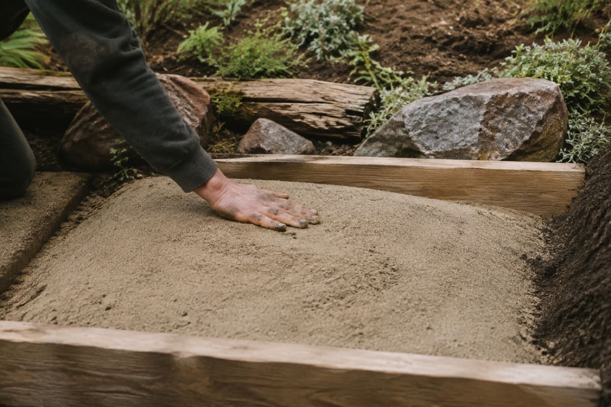 Die Sandoberfläche wird leicht über Bodenniveau angehäuft und mit einer Hand geglättet.