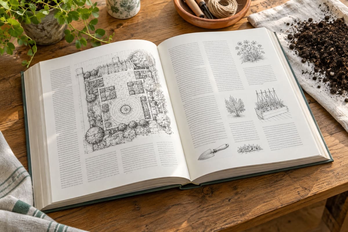 Aufgeschlagenes Buch mit Gartenplan und Textspalten, daneben eine Handvoll dunkler Gartenerde auf einem Tuch (illustratives Mockup, kein Abbild der gedruckten Seiten).