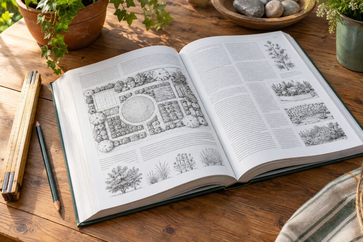 Aufgeschlagenes Buch auf einem Holztisch, auf den Seiten ein Gartenplan als Strichzeichnung und Textspalten, daneben Zollstock und Bleistift (illustratives Mockup, kein Abbild der gedruckten Seiten).