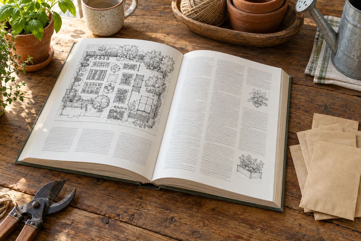 Aufgeschlagenes Buch mit Gartenplan und Textspalten, daneben ein kleiner Stapel unbedruckter Saatguttüten (illustratives Mockup, kein Abbild der gedruckten Seiten).