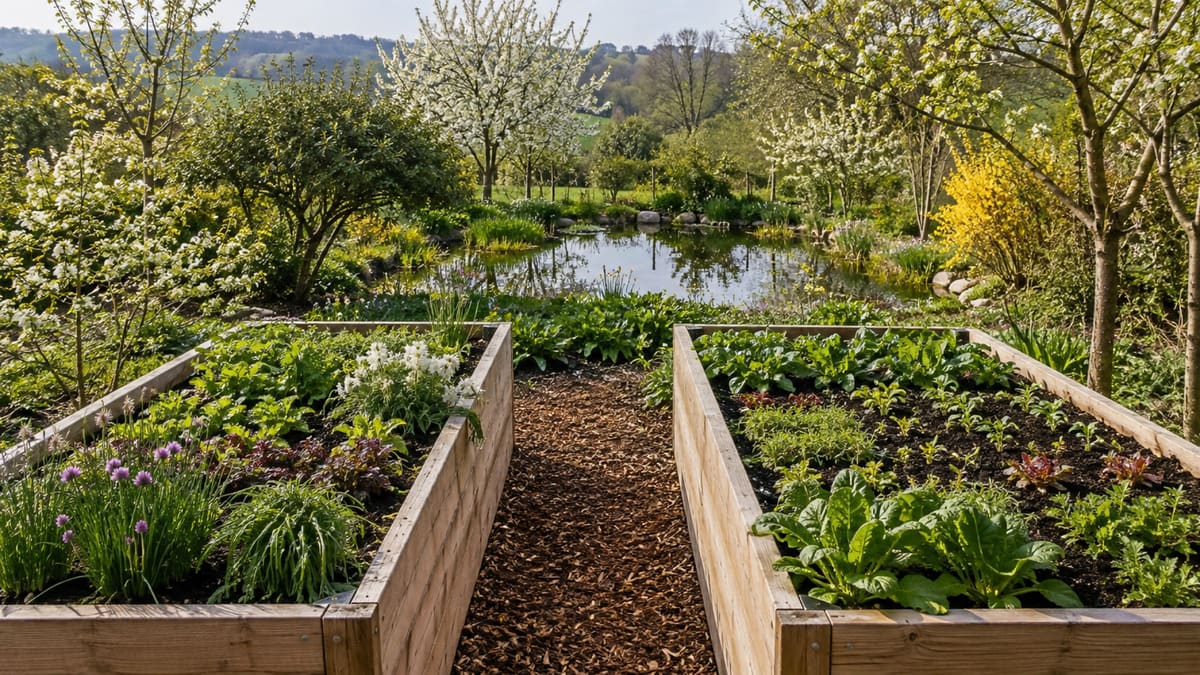 Zwei Hochbeete aus Holz mit Salat, Schnittlauch und Jungpflanzen, dazwischen ein Rindenmulchweg, dahinter ein Gartenteich und blühende Obstbäume.