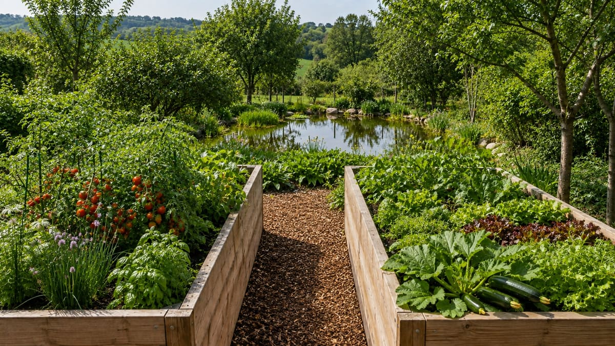 Dieselben Hochbeete im Hochsommer: Tomaten an Stäben, Zucchini und Salat, der Weg dazwischen, im Hintergrund der Teich und dichtes Grün.