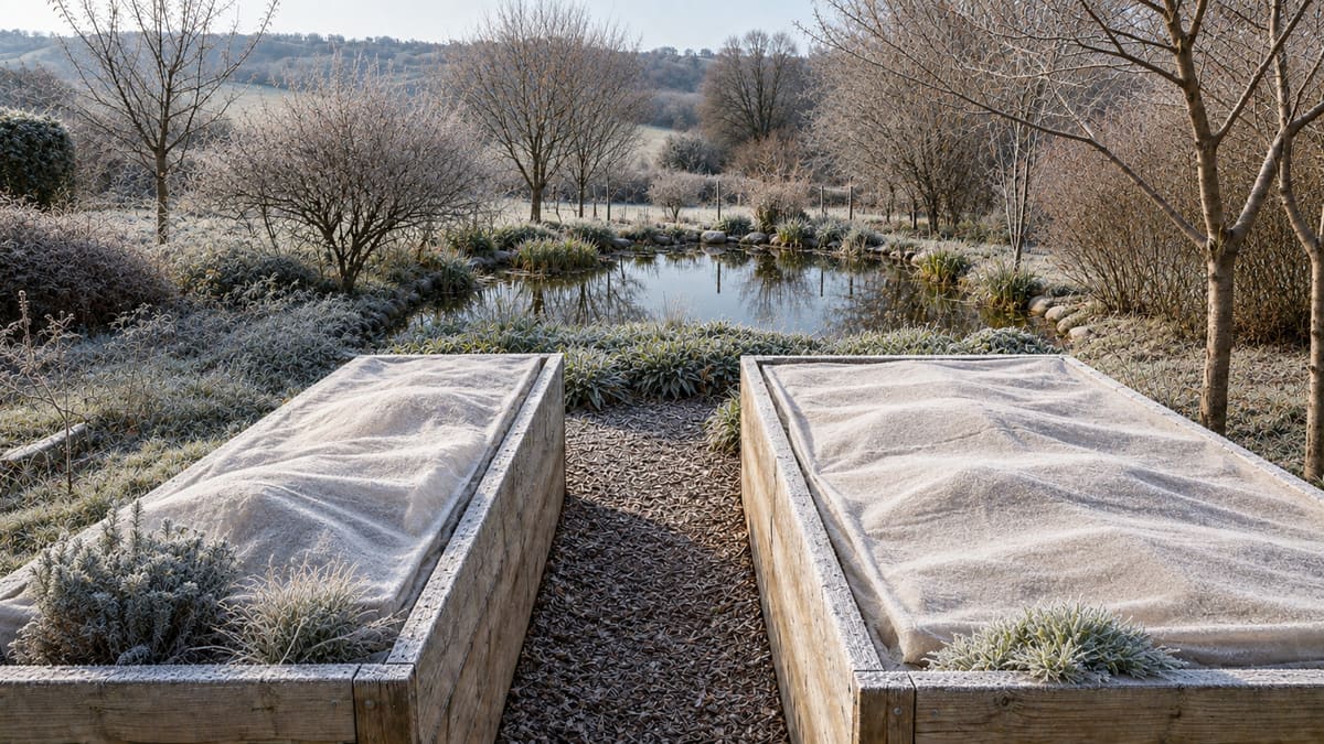 Dieselben Hochbeete im Januar unter Vlies und Raureif, der Teich spiegelt den kahlen Baumsaum, alles ist von Frost überzogen.