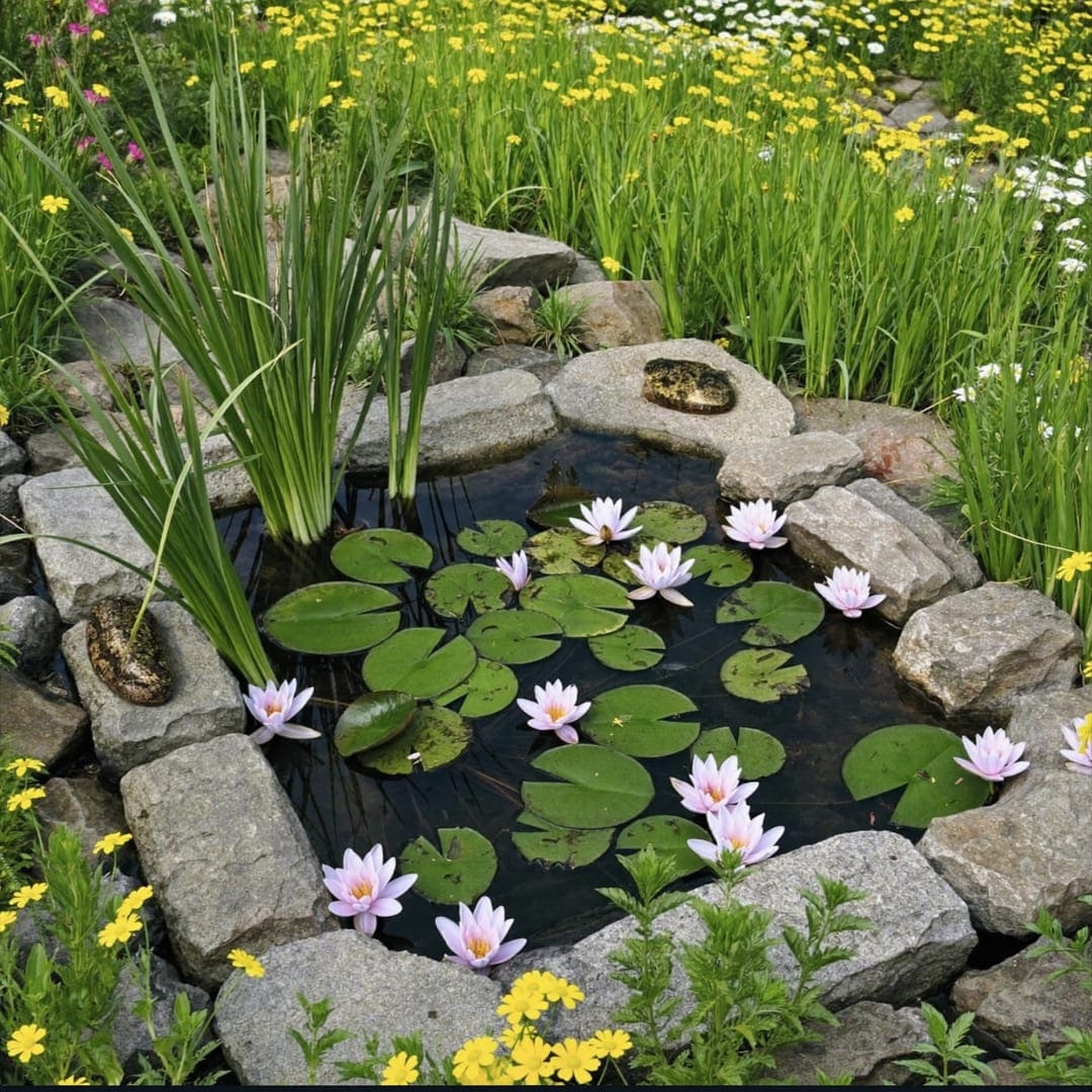 Kleiner Gartenteich mit Seerosen, Steinen und einem Frosch am Ufer zwischen Wildblumen.