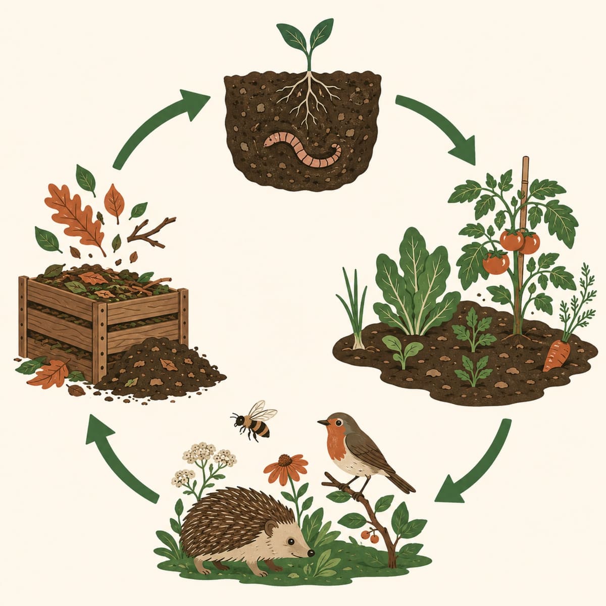 Illustrierter Gartenkreislauf: Samen und Regenwurm im Boden, Gemüsebeet, Igel, Vogel und Wildbienen, Komposter mit Laub.