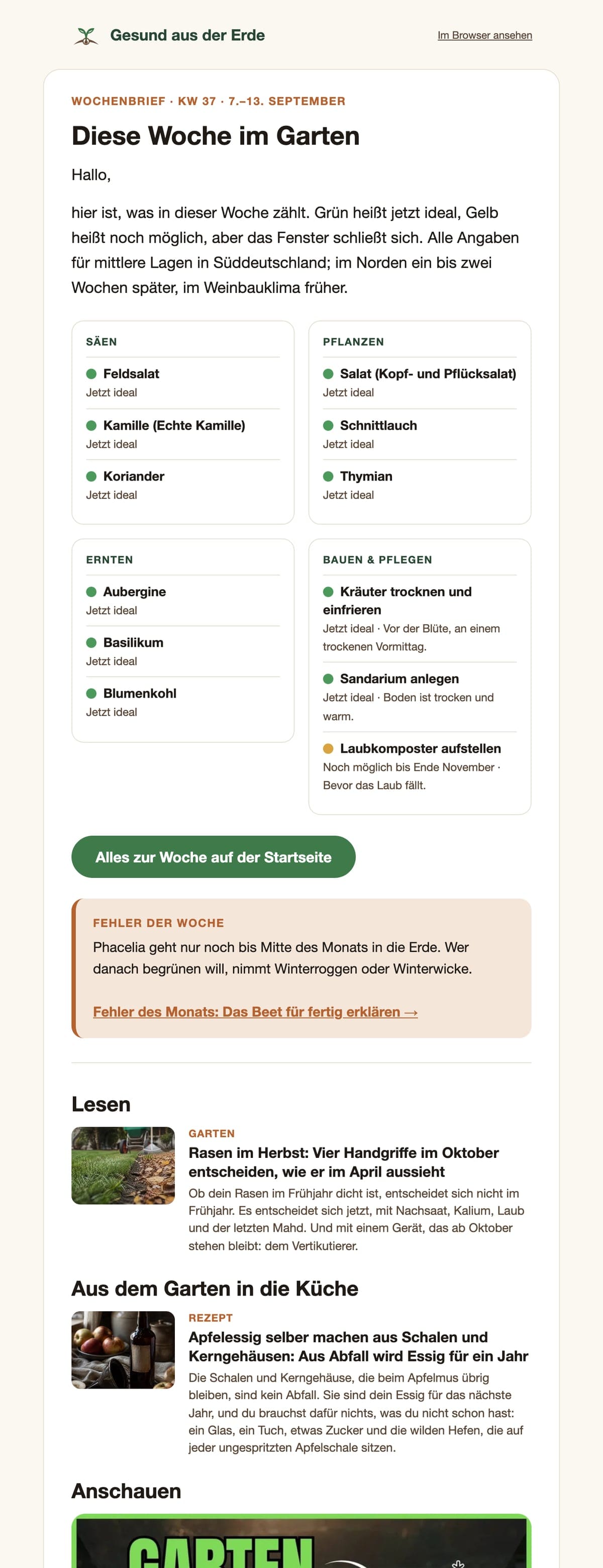Der Wochenbrief im Postfach: Überschrift „Diese Woche im Garten“, darunter vier Kästen mit Säen, Pflanzen, Ernten und Bauen, jeweils mit grüner oder gelber Ampel.