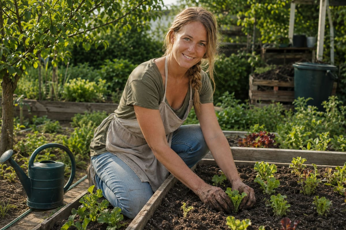 Susi kniet an einem Hochbeet und setzt junge Salatpflanzen in die dunkle Erde, daneben steht eine grüne Gießkanne.