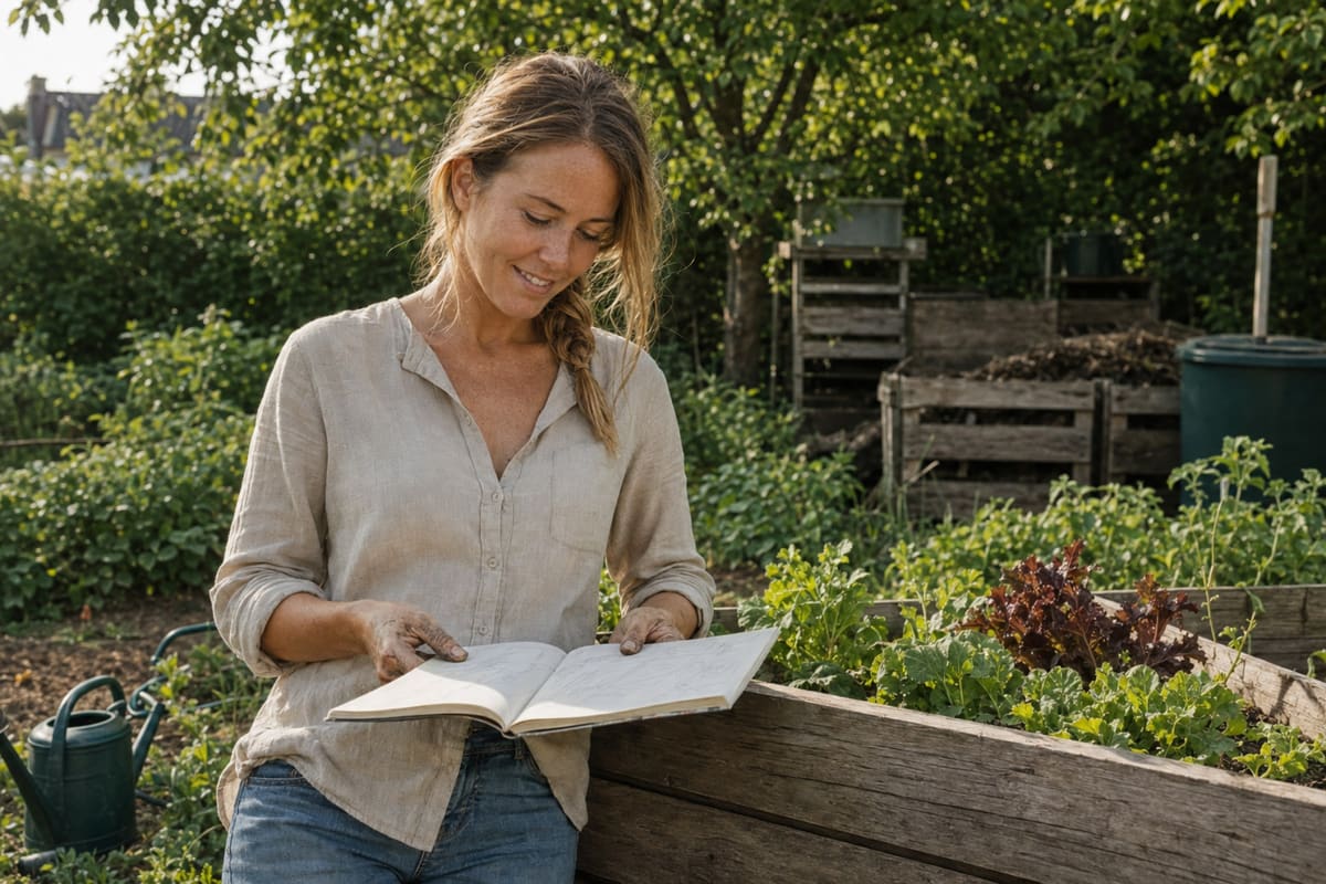 Susi lehnt an einem Hochbeet und blättert in einem aufgeschlagenen Gartenbuch, im Hintergrund Kompostkisten.