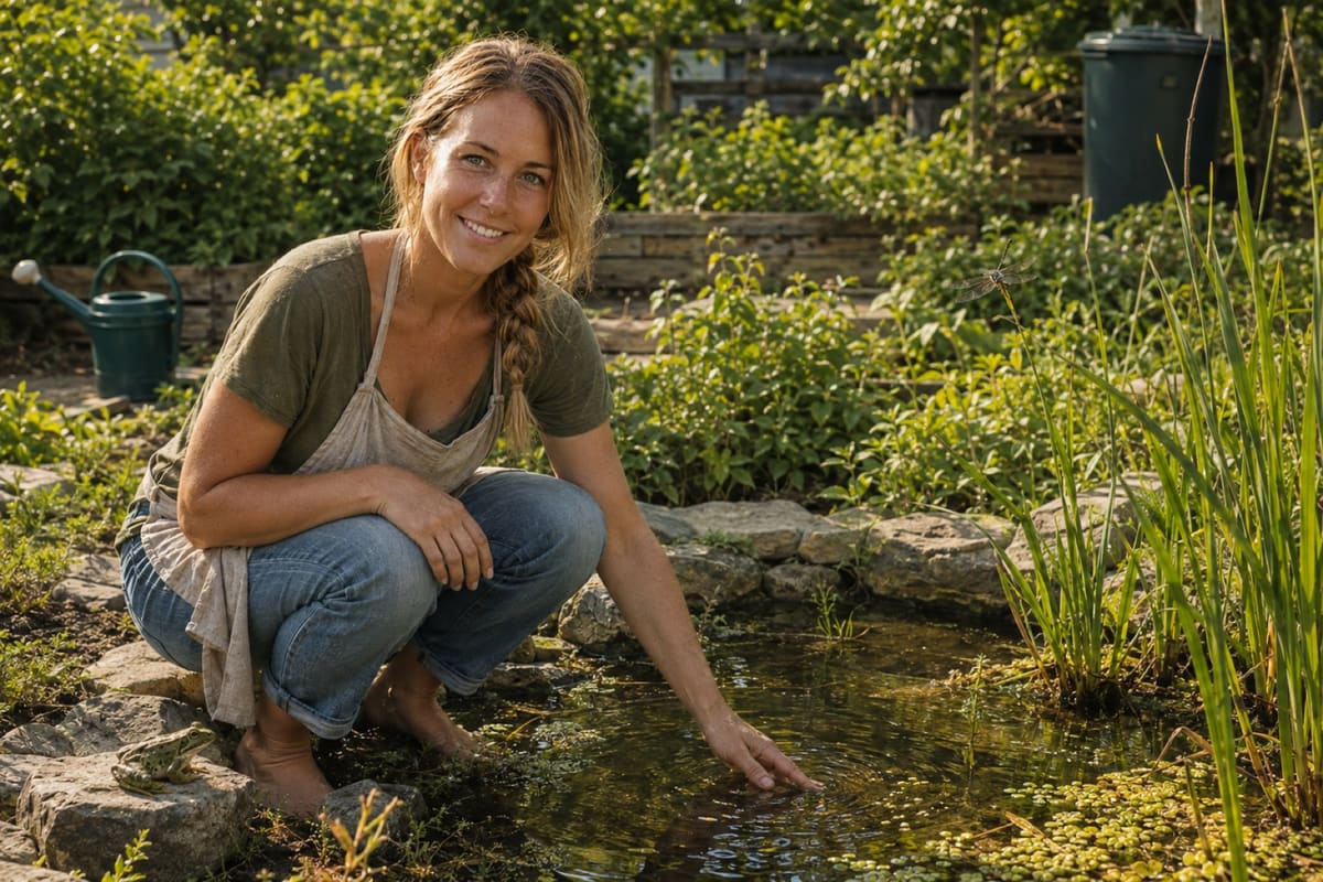 Susi hockt am Rand eines kleinen Gartenteichs und hält die Hand ins Wasser, dahinter Steine, Schilf und Wasserlinsen.