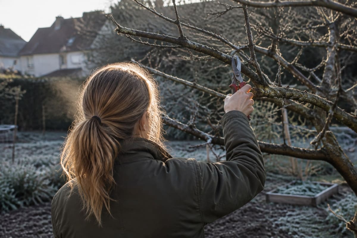 Eine Gärtnerin schneidet mit der Baumschere einen kahlen Obstbaum im Winter.