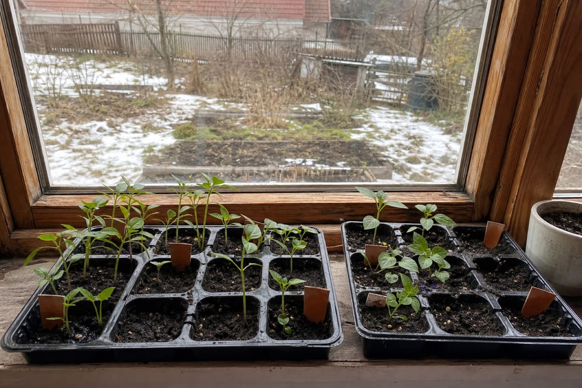 Anzuchtschalen mit jungen Tomaten- und Kohlpflanzen stehen am Fenster, draußen liegt Schnee.