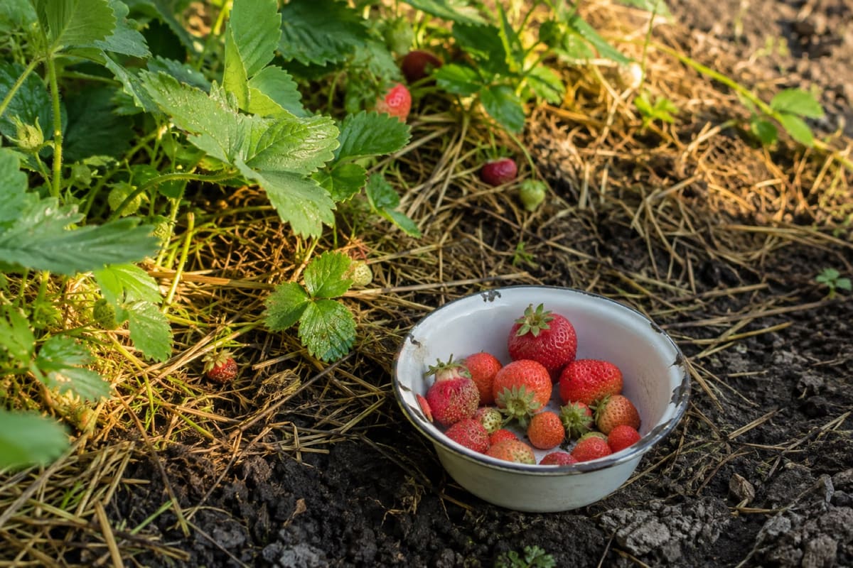 Eine Emailleschale mit frisch geernteten Erdbeeren steht auf dem Stroh im Erdbeerbeet.