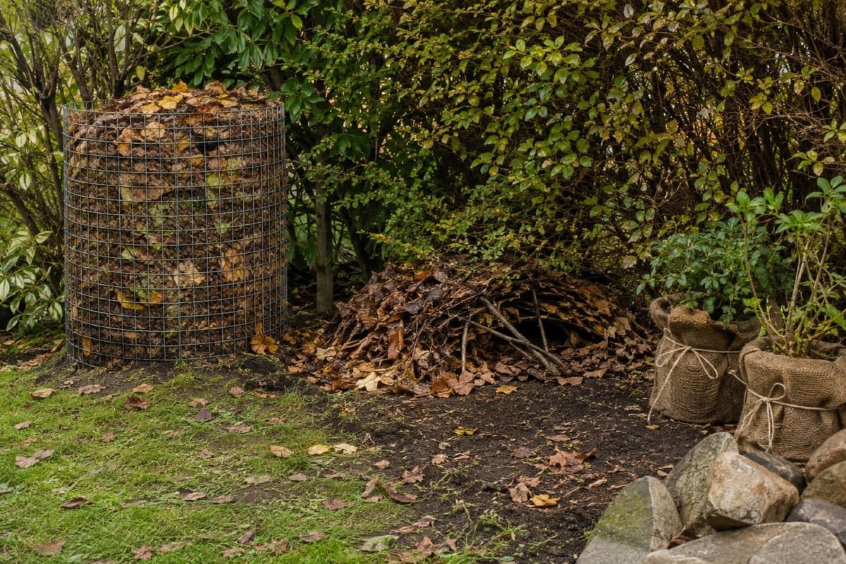 Laubhaufen und ein Laubkomposter aus Draht stehen vor einer Hecke im Herbst.