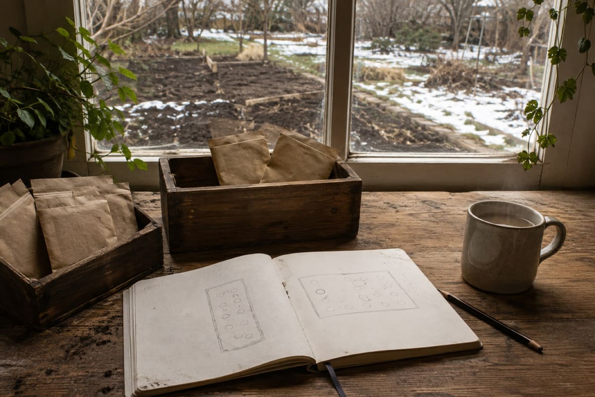 Ein Notizbuch mit Beetskizze und eine Holzkiste mit Saatgut liegen am Fenster, draußen Schnee.