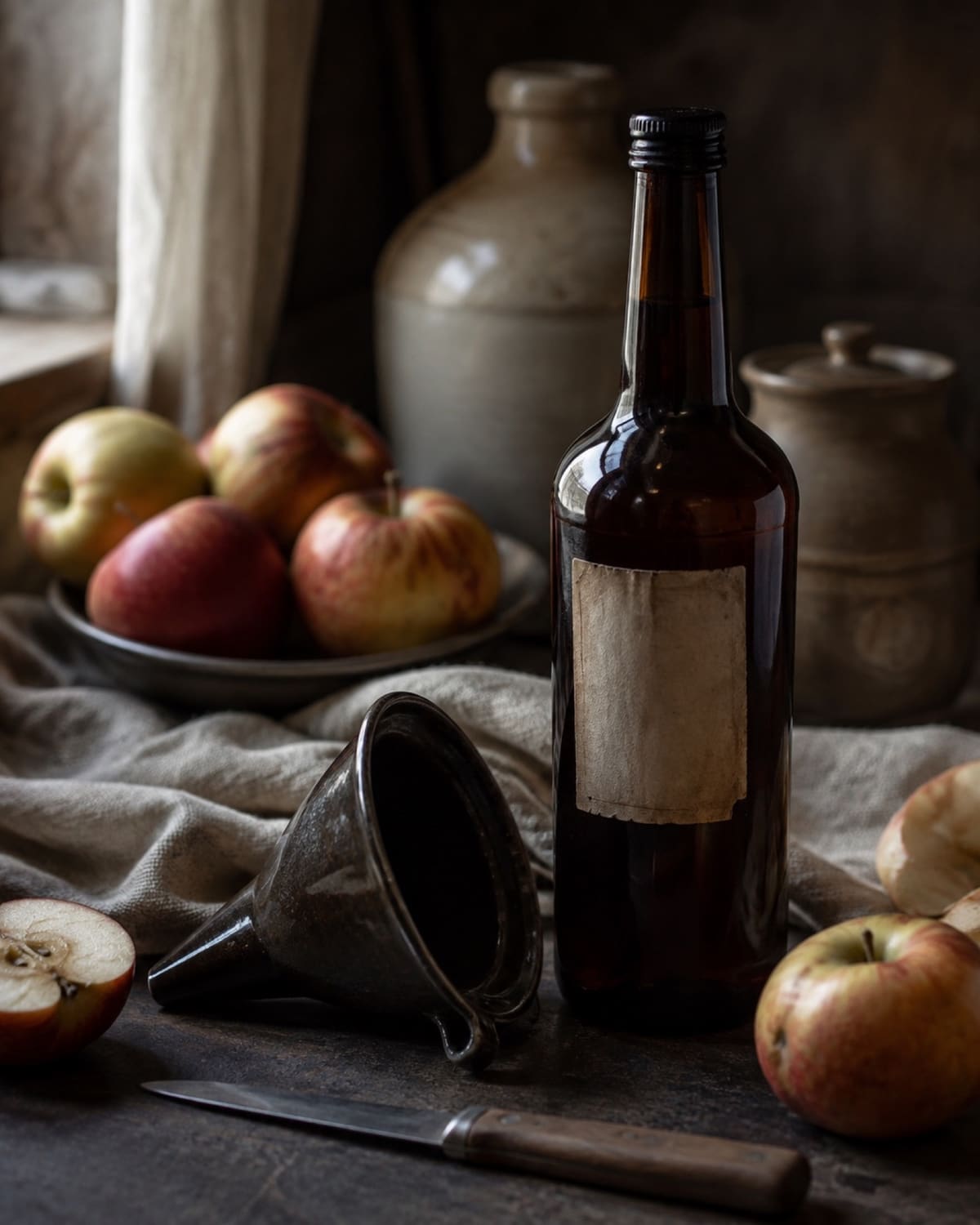 Dunkle Flasche mit selbst gemachtem Apfelessig steht neben Äpfeln und einem Trichter.