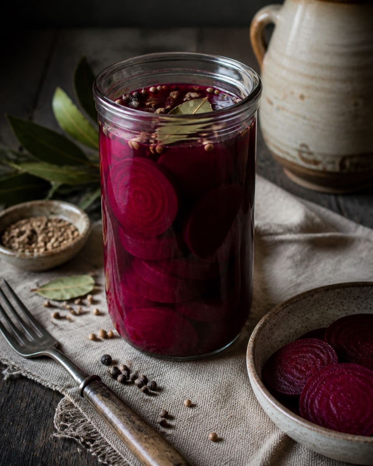 Rote-Bete-Scheiben liegen in Lake mit Gewürzkörnern und Lorbeer in einem Glas.