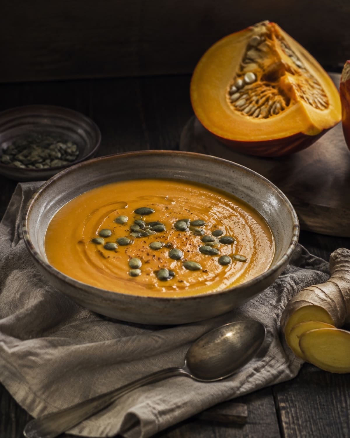 Kürbissuppe in einer Steingutschale mit Kürbiskernen und Öl neben Hokkaido und Ingwer.