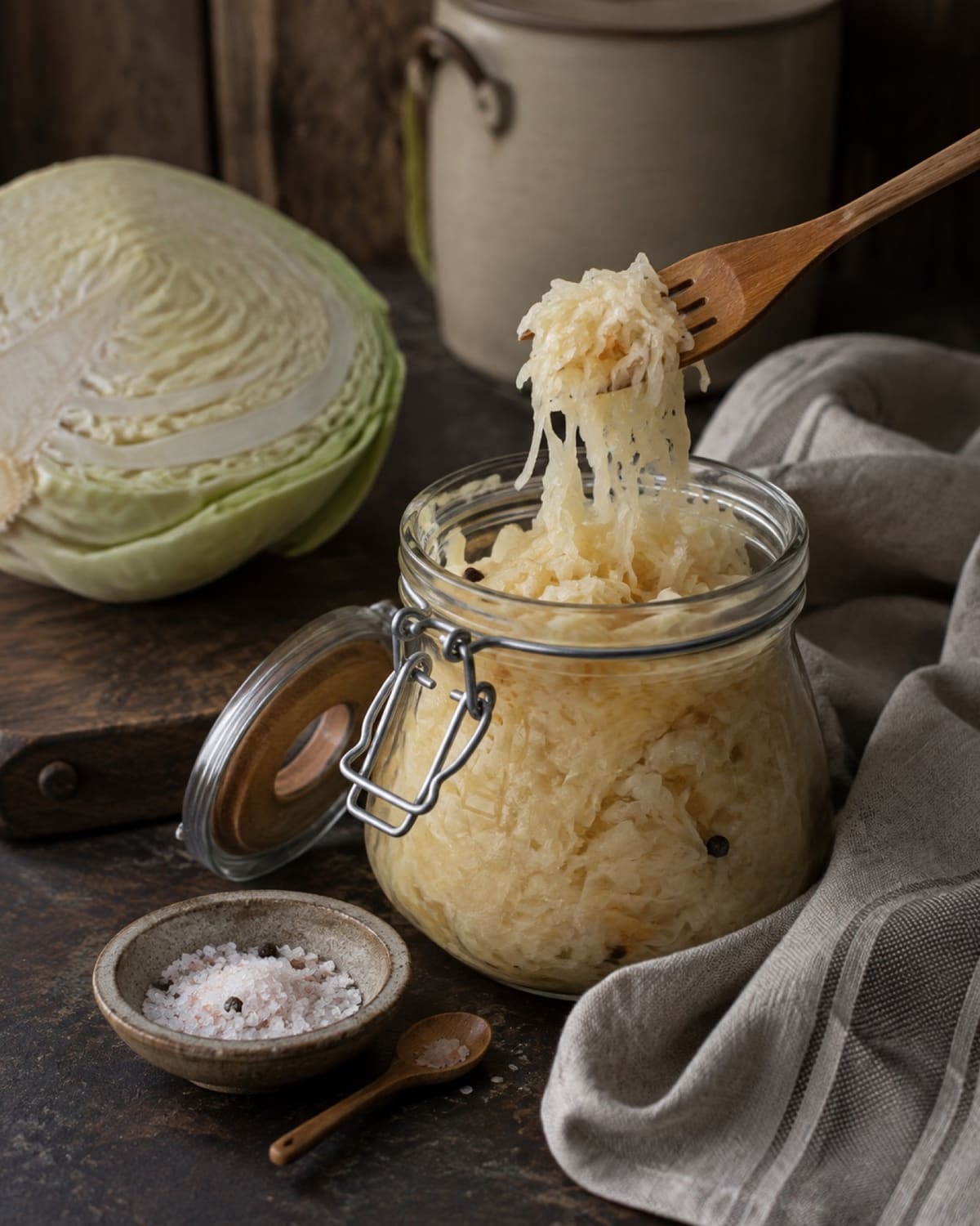 Sauerkraut wird mit einer Holzgabel aus einem Bügelglas neben Weißkohl und Salz gehoben.