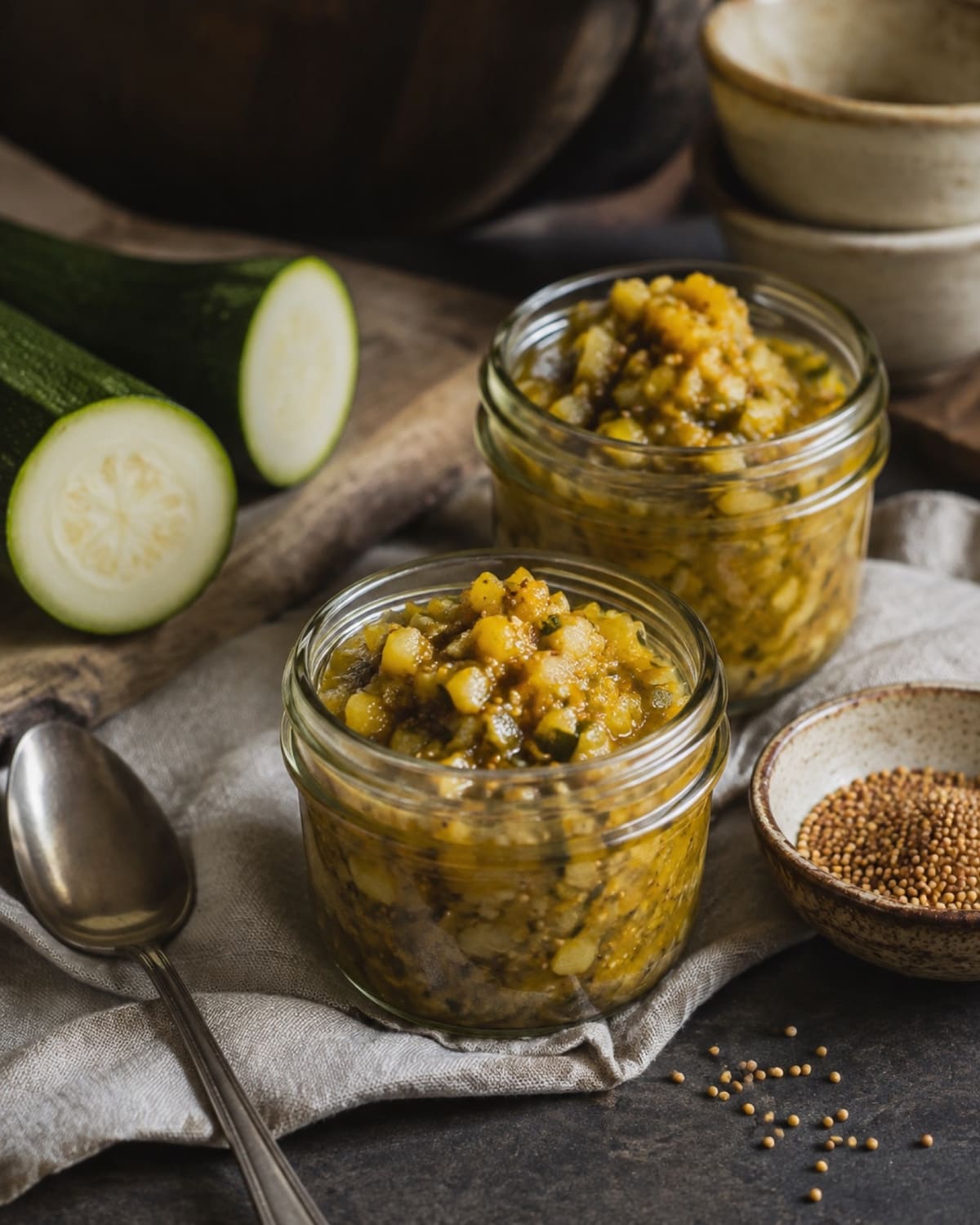 Gläser mit grüngelbem Zucchini-Relish stehen neben Zucchini und Senfkörnern.