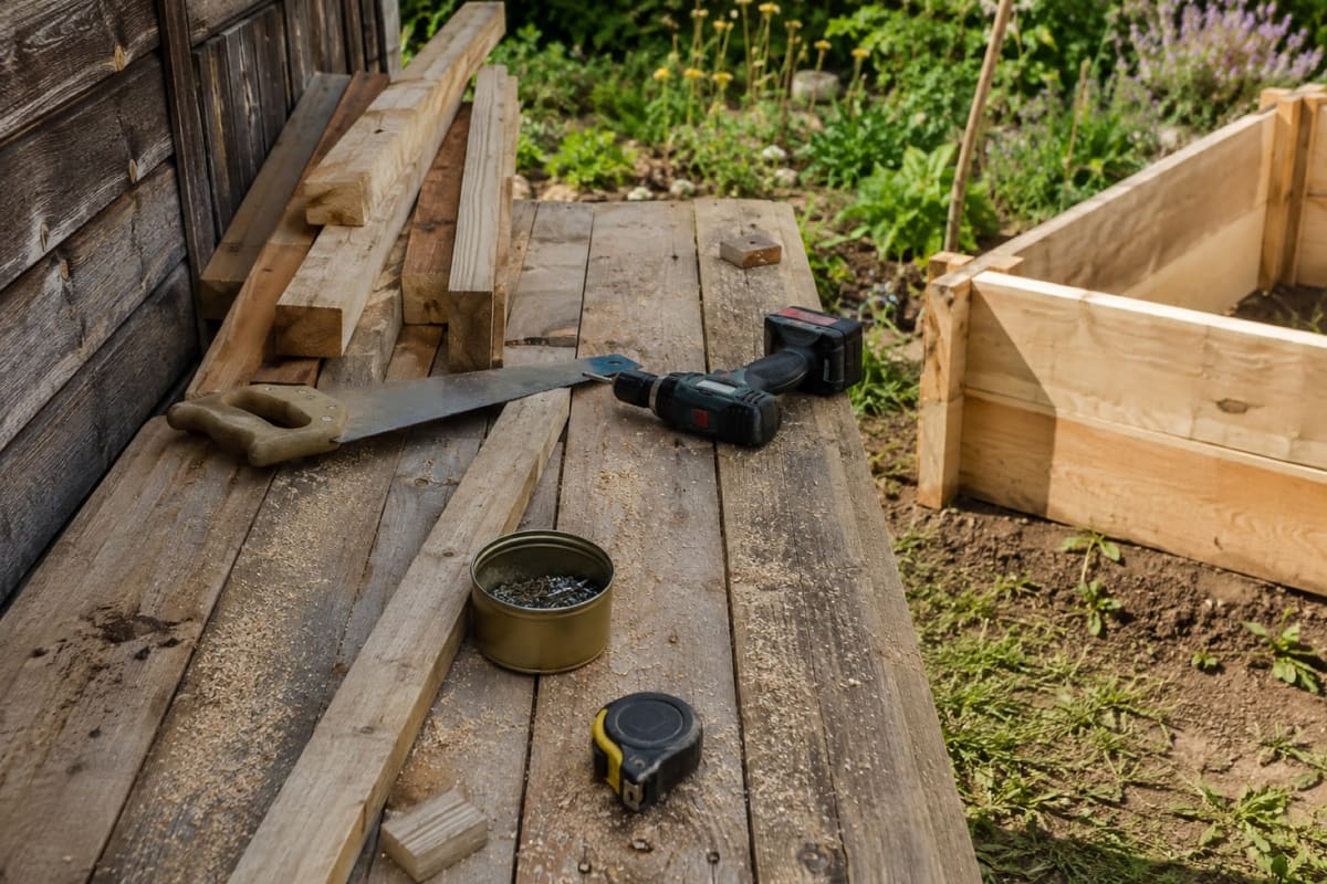 Holzbohlen, Handsäge, Akkuschrauber und Maßband auf einer Werkbank im Garten, daneben ein angefangener Hochbeetrahmen.