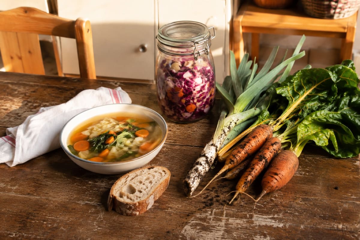 Teller Gemüsesuppe mit Brot, daneben ein Glas mit fermentiertem Rotkohl, Lauch und Möhren auf einem Holztisch.