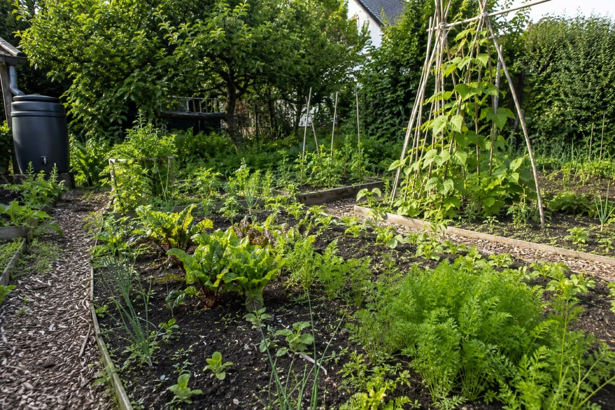 Gemüsegarten mit bepflanzten Beeten, einem Rankgerüst für Bohnen, Obstbaum und Wegen.