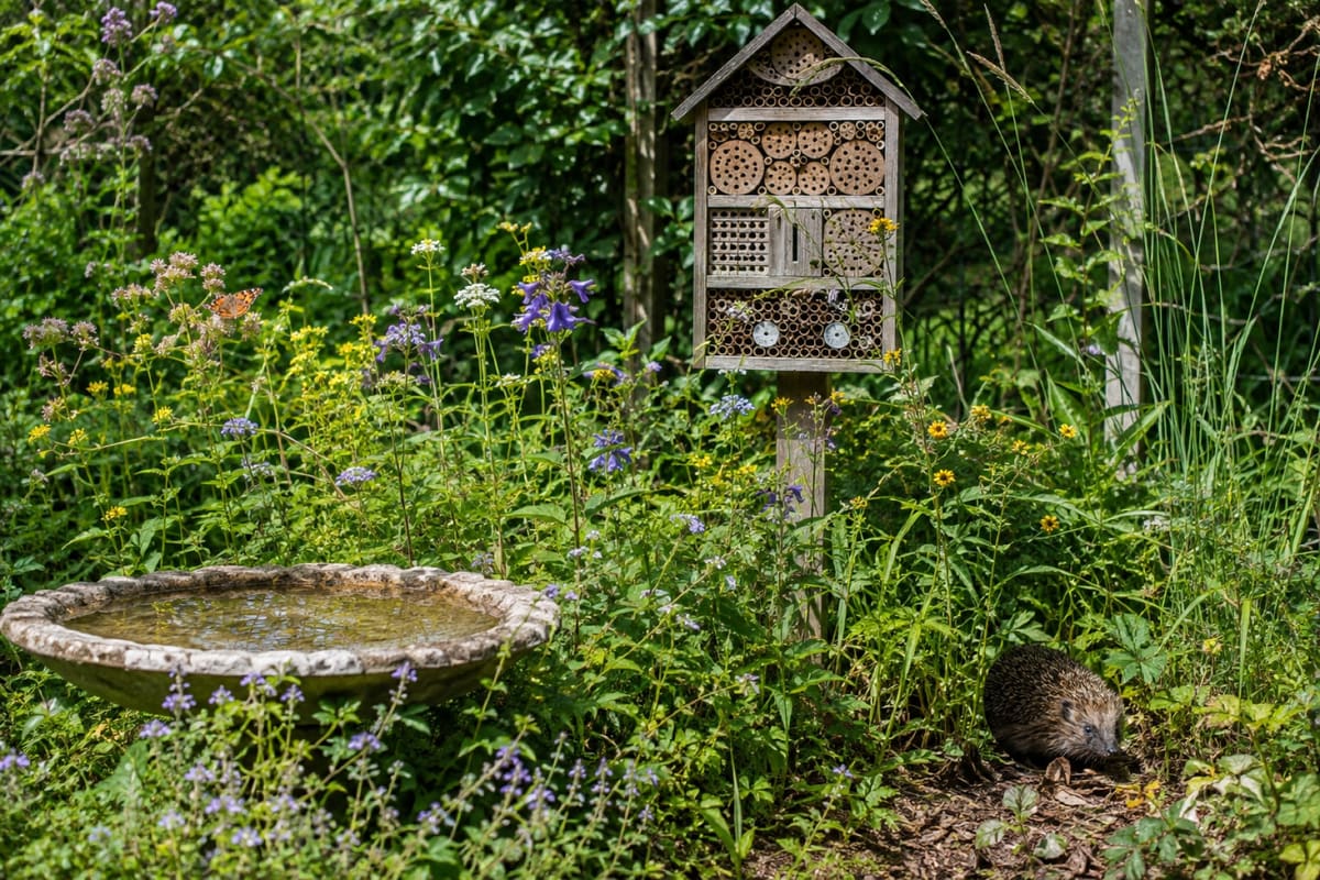 Insektenhotel zwischen blühenden Stauden, davor eine flache Wasserschale und ein Igel im Laub.