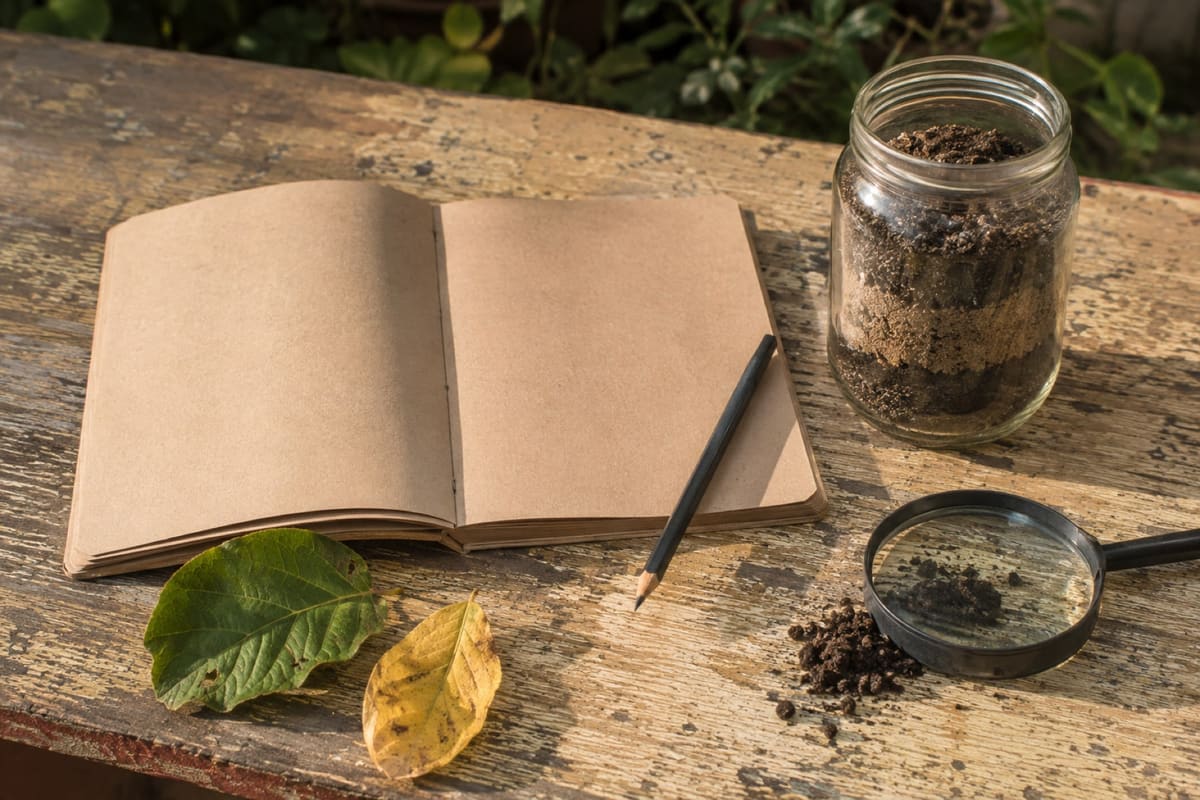 Aufgeschlagenes leeres Notizbuch mit Bleistift, ein Glas Saatgut und Herbstblätter auf verwittertem Holz.