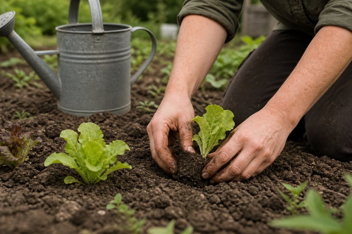 Hände setzen eine Salatjungpflanze in ein frisch gelockertes Beet, daneben eine Zinkgießkanne.